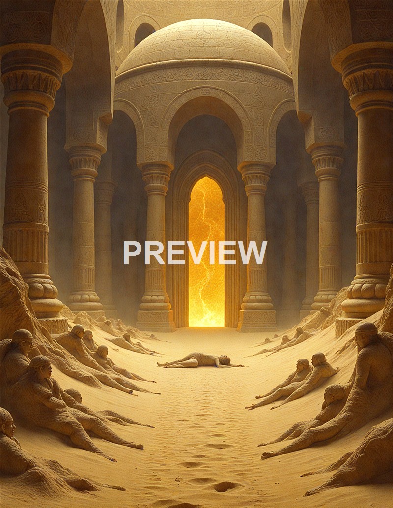 A scene of ancient-looking columns and a domed structure with a glowing, fiery door in a desert environment, with a person lying on the sand and statues resembling humans around them.